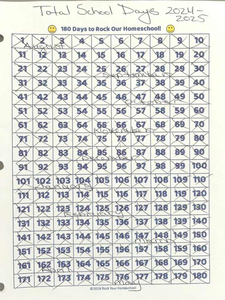 A printed chart of numbered squares with handwritten tally marks crossing off completed school days.