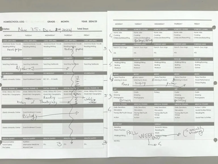 A two-page homeschooling weekly planner with handwritten notes covering language arts, geometry, science, social studies, health, and art.