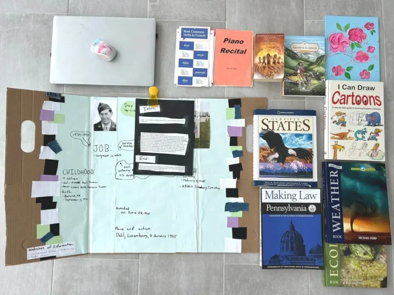 A collection of books on history, law, geography, and other subjects with printed notes and a binder, arranged next to a computer mouse.