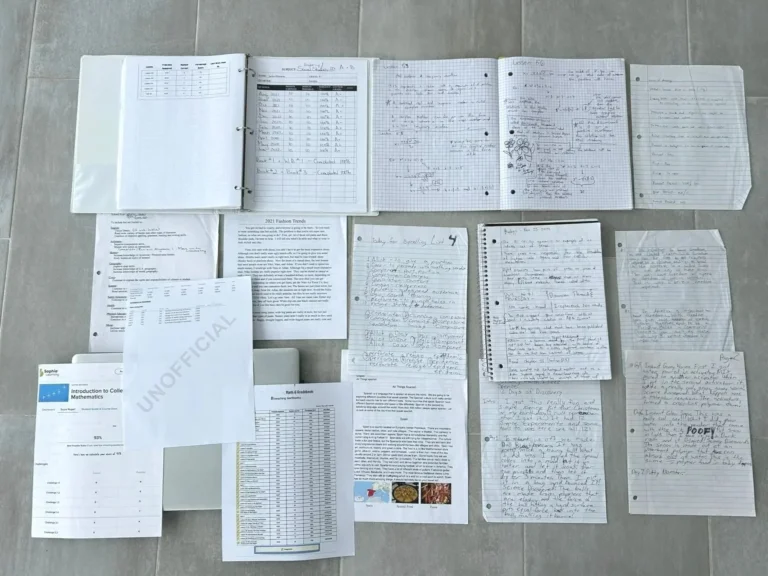 School notes, worksheets, and notebooks including handwritten notes, printed pages, and a syllabus laid out on a tiled floor.